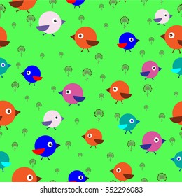 Seamless pattern of funny kids running colorful birds with flowers on a green background vector illustration