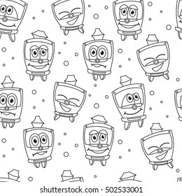 Seamless pattern with funny kids trams. Vector illustration on white background. Kids style.