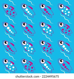 Seamless pattern with funny and kind cartoon fish. Vector