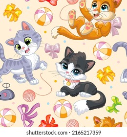 Seamless pattern funny kittens with bows, balls and cat toys. Cartoon vector illustration with cat character. Childish print for textiles, fabrics, wallpapers, design, linen, decor,packaging, apparel