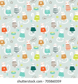 Seamless pattern with funny kittens in cartoon style. Smiling and playing Cats.  deal for cards, invitations, party, banners, kindergarten, baby shower, preschool and children room decoration