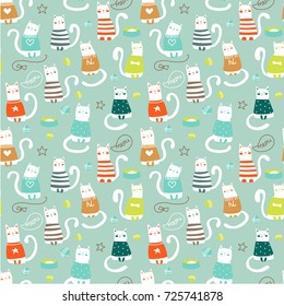 Seamless pattern with funny kittens in cartoon style. Smiling and playing Cats. deal for cards, invitations, party, banners, kindergarten, baby shower, preschool and children room decoration