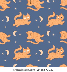 Seamless pattern, funny kittens on the background of the night sky with the moon and stars. Children's textile, print, vector.	
