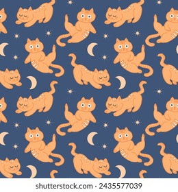 Seamless pattern, funny kittens on the background of the night sky with the moon and stars. Children's textile, print, vector.	
