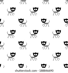 Seamless pattern with funny kitty skeletons. Vector seamless texture