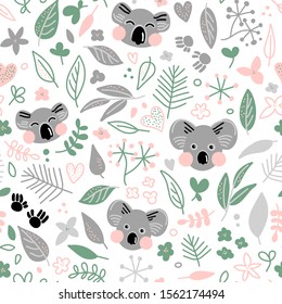 Seamless pattern with funny koala bear with leaves and flowers. Vector background for kids. Design perfect for print fabric textile, baby print and wrapping paper