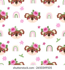 Padrão perfeito com cabeças de coala engraçadas decoradas com flores e arco-íris em um fundo claro. Criança engraçada no vetor. Perfeito para tecido, roupas, têxteis, papel de embrulho.