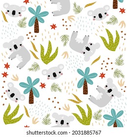 Patrón sin inconvenientes con la divertida koala. Pórtico de niños de la jungla. Ilustración dibujada a mano por vectores.