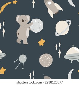 Seamless pattern with funny koala, planet, satellite, ufo, space rocket, star on dark background scandinavian style for child fabric, textile, nursery, wallpaper