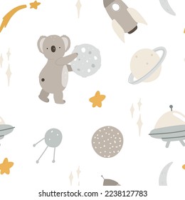 Seamless pattern with funny koala, planet, satellite, ufo, space rocket, star on white background scandinavian style for child fabric, textile, nursery, wallpaper