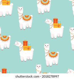 Seamless pattern with funny lamas with gifts on a blue background. Vector illustration suitable for baby texture, textile, fabric, poster, greeting card, decor. Cute alpaca from Peru.