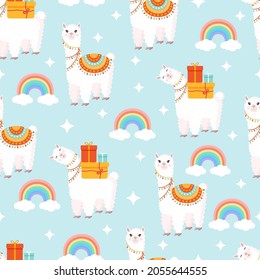 Seamless pattern with funny lamas with gifts, rainbows, clouds and stars on a blue background. Vector illustration for baby texture, fabric, poster, greeting card, decor. Cute alpaca from Peru.