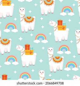 Seamless pattern with funny lamas with gifts, rainbows, clouds and stars on a blue background. Vector illustration for baby texture, fabric, poster, greeting card, decor. Cute alpaca from Peru