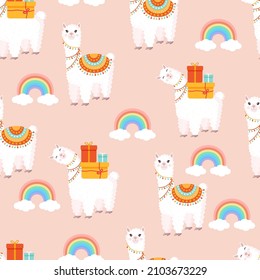 Seamless pattern with funny lamas with gifts, rainbow and clouds on a pink background. Vector illustration for baby texture, textile, fabric, poster, greeting card, decor. Cute alpaca from Peru