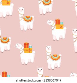 Seamless pattern with funny lamas with gifts on a pink background. Vector illustration suitable for baby texture, textile, fabric, poster, greeting card, decor. Cute alpaca from Peru.