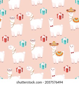 Seamless pattern with funny lamas in a sombrero with gifts on a pink background. Vector illustration suitable for baby texture, textile, fabric, poster, greeting card, decor. Cute alpaca from Peru.