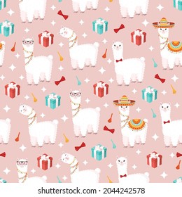 Seamless pattern with funny lamas in a sombrero with gifts and decor on a pink background. Vector illustration suitable for baby texture, textile, fabric, poster, greeting card. Cute alpaca from Peru.