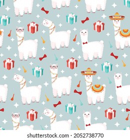 Seamless pattern with funny lamas in a sombrero with gifts and decor on a gray background. Vector illustration suitable for baby texture, textile, fabric, poster, greeting card. Cute alpaca from Peru
