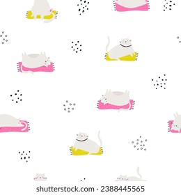 Seamless pattern with funny lazy cats lying on carpets. Cute design for fabric prints, wrapping paper, clothing