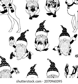 Seamless pattern with funny line art Christmas gnomes. Cartoon winter characters pattern