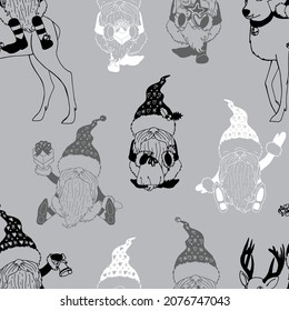 Seamless pattern with funny line art Christmas gnomes. Cartoon winter characters pattern