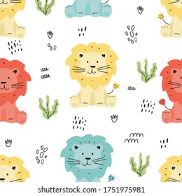 Seamless pattern with funny lion, Doodle dots. Childish drawing. Cute vector illustration for child textiles and decor.