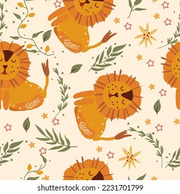 Seamless pattern with funny lion, green leaves, flowers, stars around. Cute lion, bright pattern can be used as textile, fabric, wallpaper, banner and other. Vector