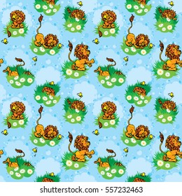 Seamless pattern with funny lion play with butterfly on blue background. Design for children.