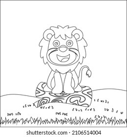 Seamless pattern of funny lion sit on tree trunk. Trendy children graphic with Line Art Design Hand Drawing Sketch Vector illustration For Adult And Kids Coloring Book.