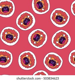 Seamless pattern with funny lions and fiery red background for children and kids. Handmade cartoon style. Vector illustration