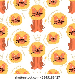 Seamless pattern with funny lions on a white background. Hand-drawn vector illustration. Creative children for making fabrics, packaging, textiles, wallpaper, clothes. Vector illustration