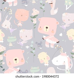 Seamless pattern with funny little animals ballerinas