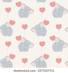 Seamless pattern with funny little animals. Cute cartoon character for kids. Wallpaper with nice elefants holds balloons. Vector repeat texture for textile or wrapping paper.