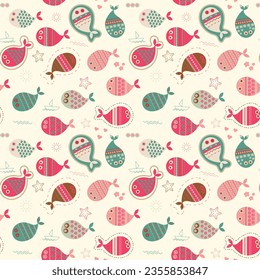 Seamless pattern with funny little bright fish on a light background. Sea fishes and sea elements starfish, ship, sun, wave, bubbles for the design of travel banners, postcards, packaging, textiles. 