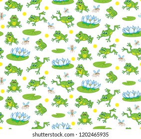 Seamless pattern with funny little frogs jumping and sitting among lilies. On the white background. In cartoon style. Vector illustration.