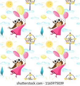 Seamless pattern with funny little girl flying with a balloons, in cartoon. Ideal for cards, invitations, party, banners, kindergarten, baby shower, preschool and children room decoration 