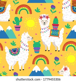 seamless pattern with funny llama and cacti
-  vector illustration, eps