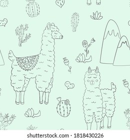 seamless pattern with funny llama and cacti - vector illustration, eps