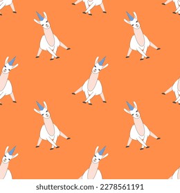 Seamless pattern with funny llama in cap. Bright childish birthday party background with alpacas, lamas for cover, wrapping paper. Vector illustration