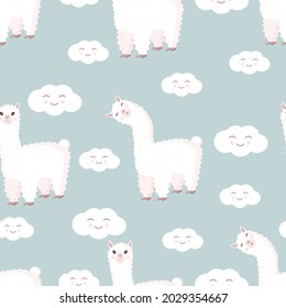 Seamless pattern with funny llama and clouds on a gray background. Vector illustration suitable for baby texture, textile, fabric, poster, greeting card, decor. Cute alpaca from Peru.