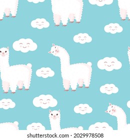 Seamless pattern with funny llama and clouds on a blue background. Vector illustration suitable for baby texture, textile, fabric, poster, greeting card, decor. Cute alpaca from Peru.