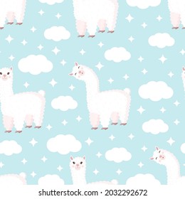 Seamless pattern with funny llama, clouds and stars on a blue background. Vector illustration suitable for baby texture, textile, fabric, poster, greeting card, decor. Cute alpaca from Peru.