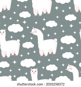 Seamless pattern with funny llama, clouds and stars on a gray background. Vector illustration suitable for baby texture, textile, fabric, poster, greeting card, decor. Cute alpaca from Peru.
