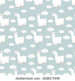 Seamless pattern with funny llama and clouds on a gray background. Vector illustration suitable for baby texture, textile, fabric, poster, greeting card, decor. Cute alpaca from Peru.