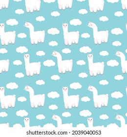 Seamless pattern with funny llama and clouds on a blue background. Vector illustration suitable for baby texture, textile, fabric, poster, greeting card, decor. Cute alpaca from Peru.