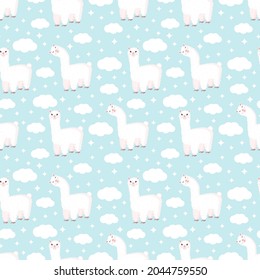 Seamless pattern with funny llama, clouds and stars on a blue background. Vector illustration suitable for baby texture, textile, fabric, poster, greeting card, decor. Cute alpaca from Peru.