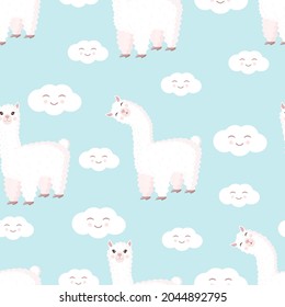 Seamless pattern with funny llama and clouds on a blue background. Vector illustration suitable for baby texture, textile, fabric, poster, greeting card, decor. Cute alpaca from Peru.