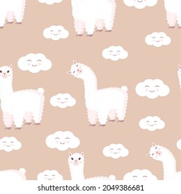 Seamless pattern with funny llama and clouds on pastel brown background. Vector illustration suitable for baby texture, textile, fabric, poster, greeting card, decor. Cute alpaca from Peru