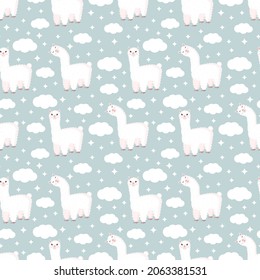 Seamless pattern with funny llama, clouds and stars on a gray background. Vector illustration suitable for baby texture, textile, fabric, poster, greeting card, decor. Cute alpaca from Peru