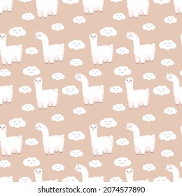 Seamless pattern with funny llama and clouds on pastel brown background. Vector illustration suitable for baby texture, textile, fabric, poster, greeting card, decor. Cute alpaca from Peru